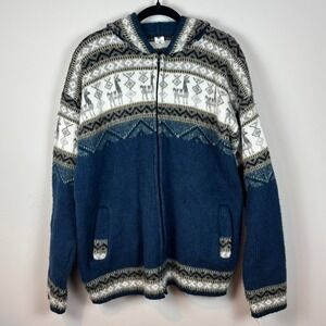 Tejidos Yarina 100% Wool Ecuadorian Full Zip Hooded Cardigan XL Lama Fair Isle